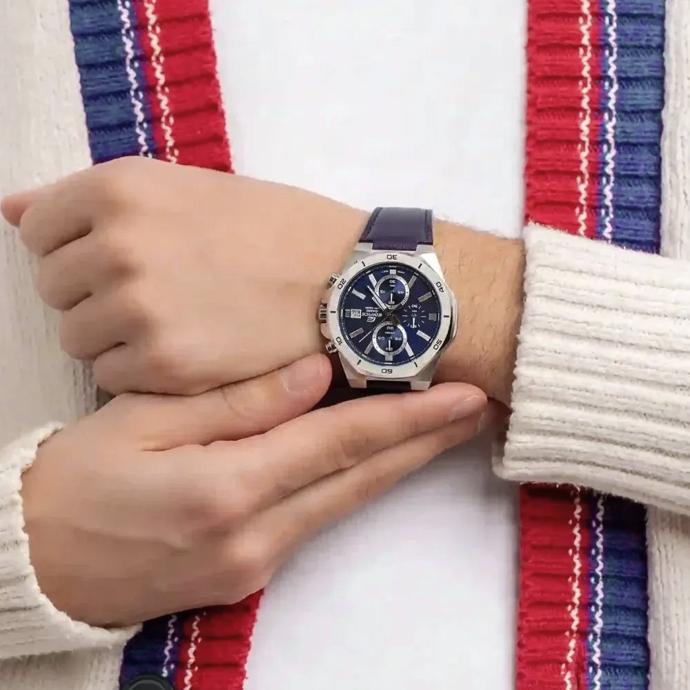 RELOJ HOMBRE ANÁLOGO CASIO EDIFICE EFV-640L-2AV FECHA CRONÓMETRO CORREA DE CUERO Y DIAL AZUL - 7