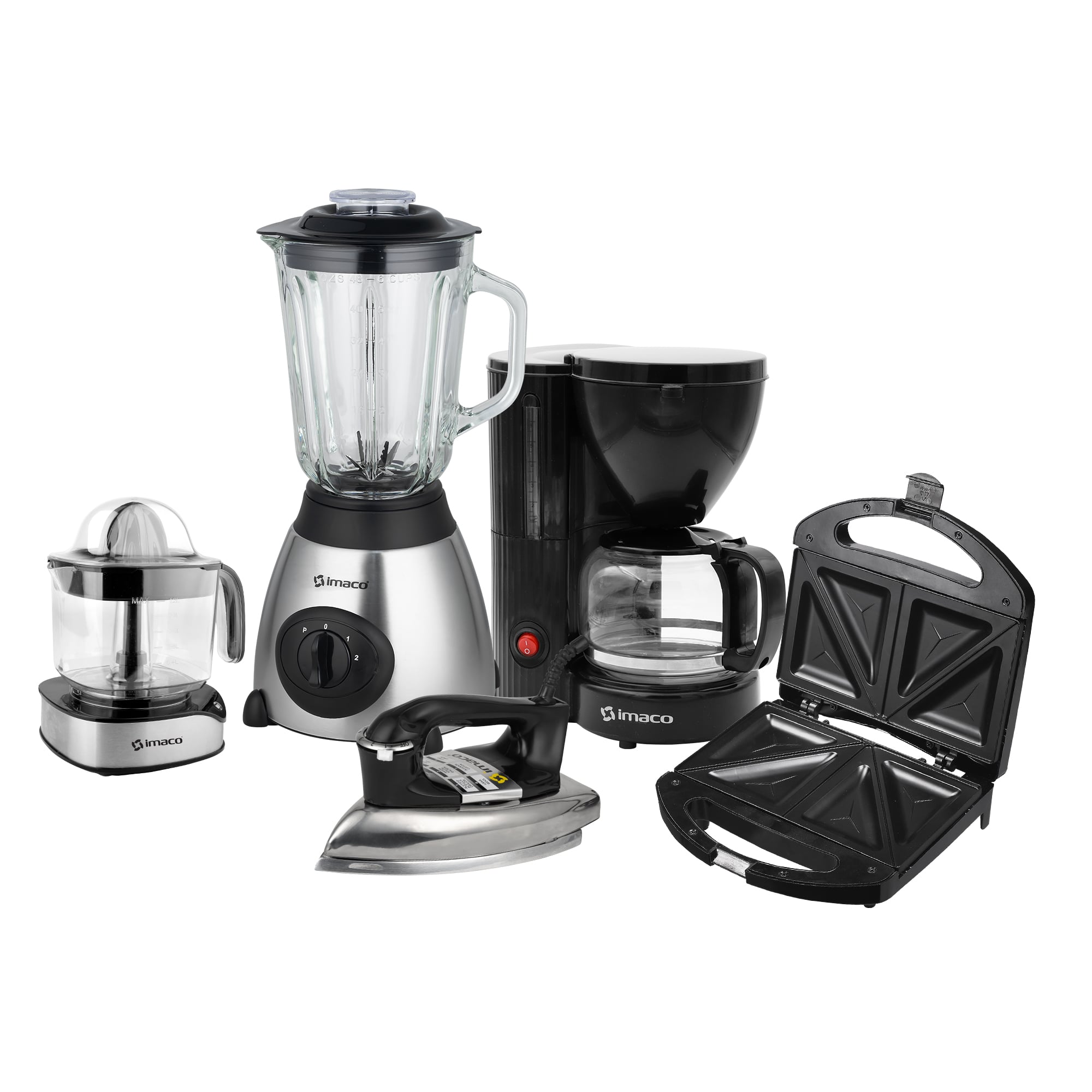 PENTACOMBO LICUADORA + EXPRIMIDOR + PLANCHA + SANDWICHERA + CAFETERA IMACO - 1