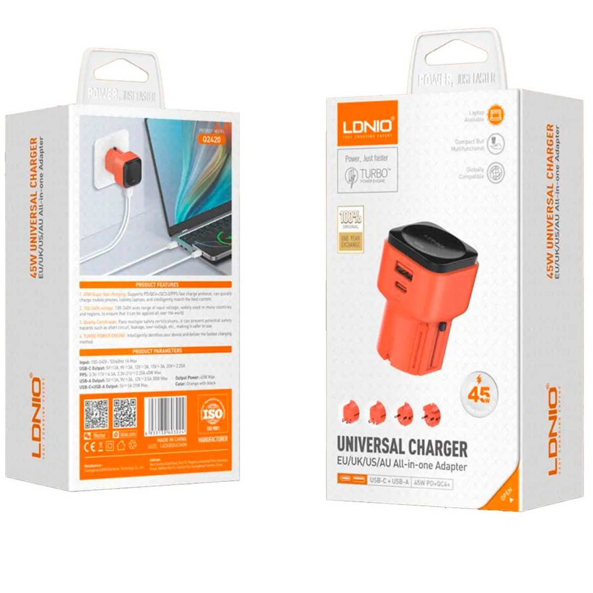 ADAPTADOR DE VIAJE UNIVERSAL LDNIO Q2420 DE 45W PUERTOS USB Y TIPO C - 2
