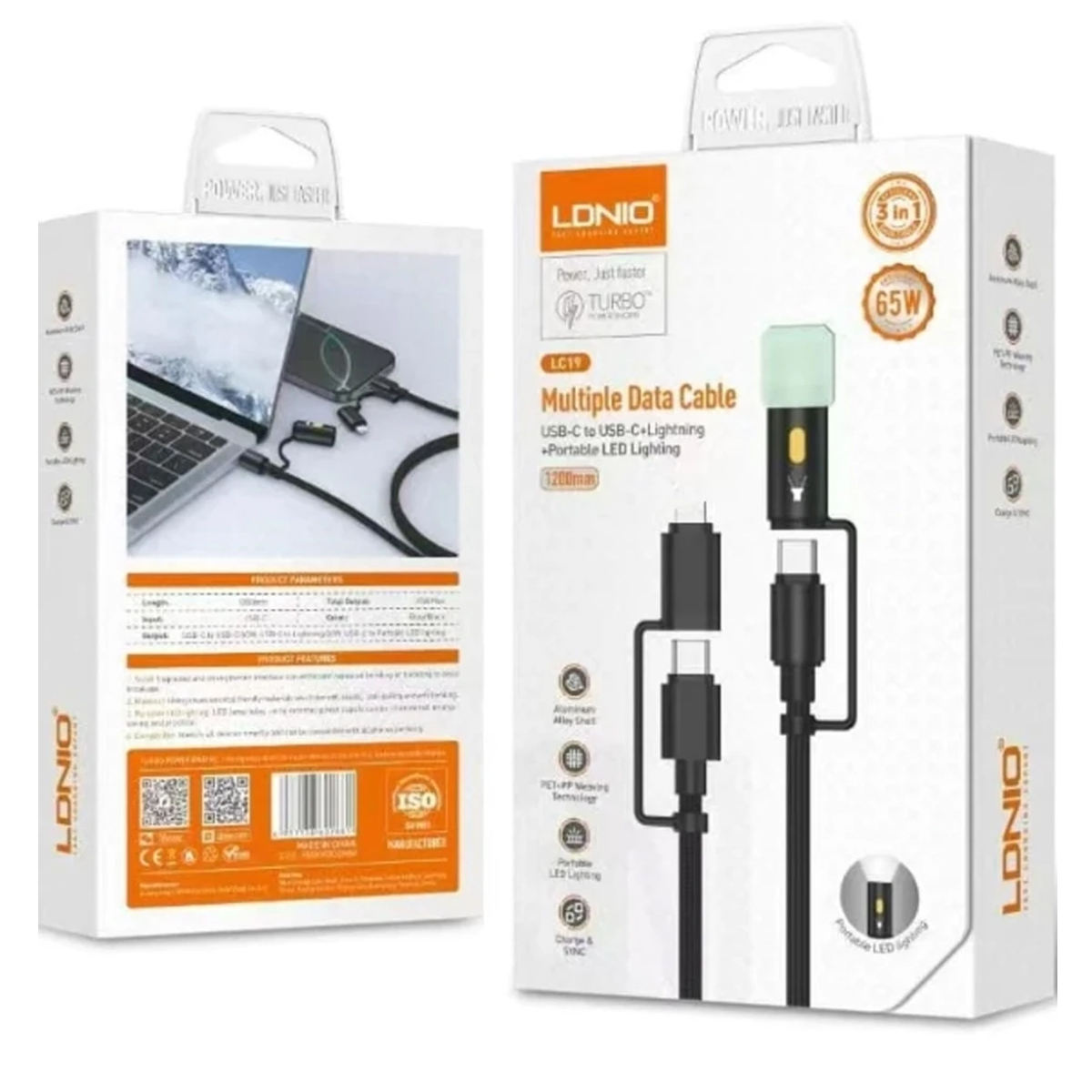 CABLE LDNIO LC19 MÚLTIPLE CON MINI LINTERNA LED 65W USB-C TO C Y LIGHTING - 5