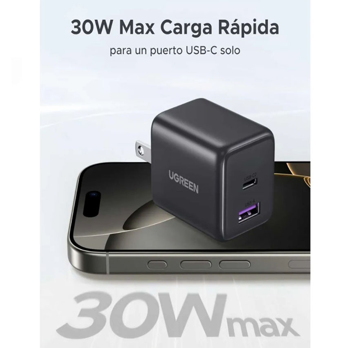 ADAPTADOR 30W UGREEN X516 DUAL PORT CARGA RAPIDA IPAD, AIRPODS GRIS - 3