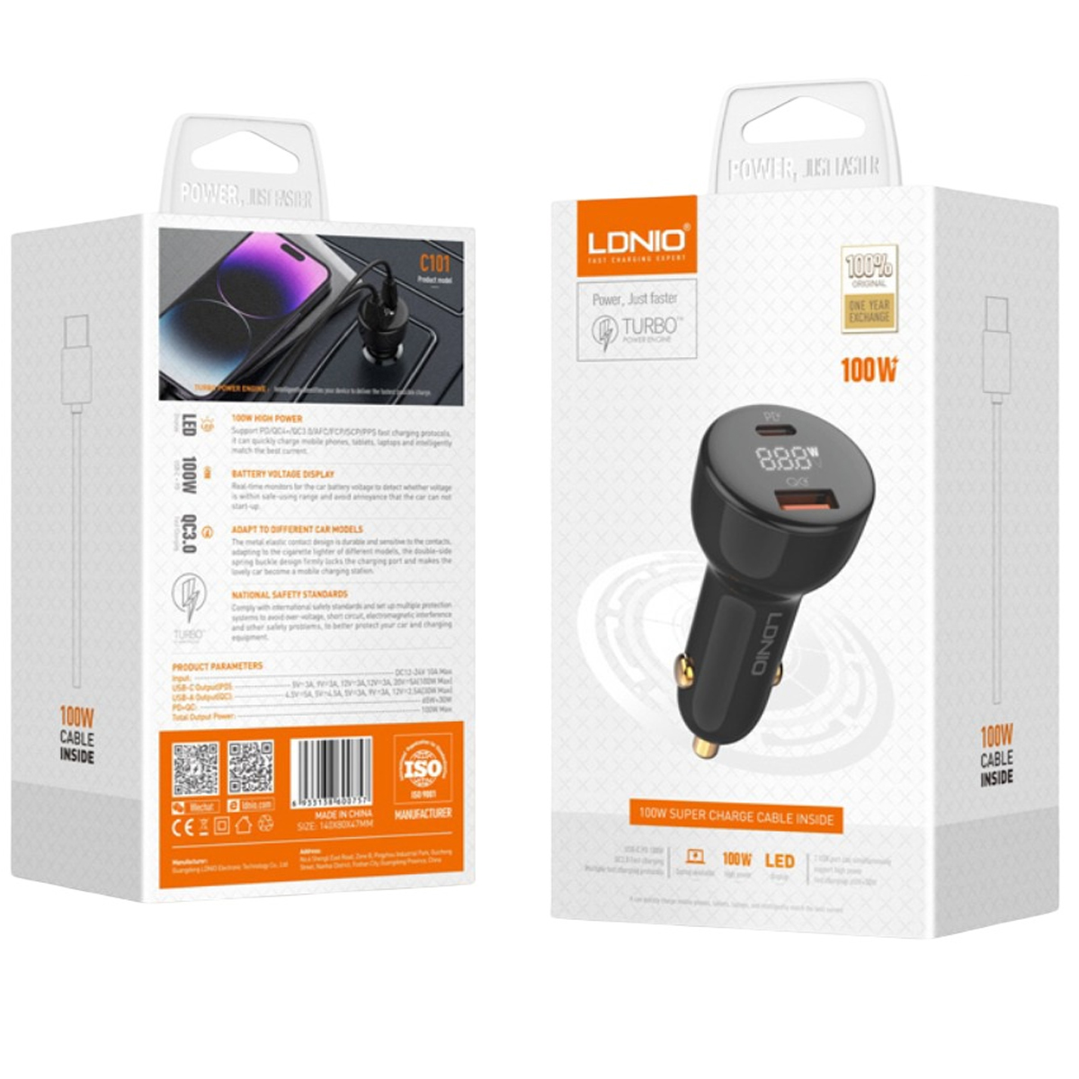 CARGADOR DE AUTO 100W LDNIO C101 CARGA RÁPIDA + CABLE TIPO-C A C - 5