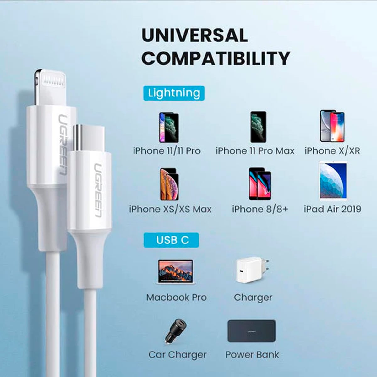 CABLE UGREEN USB-C A LIGHTNING 1M BLANCO US171 BLANCO - 3