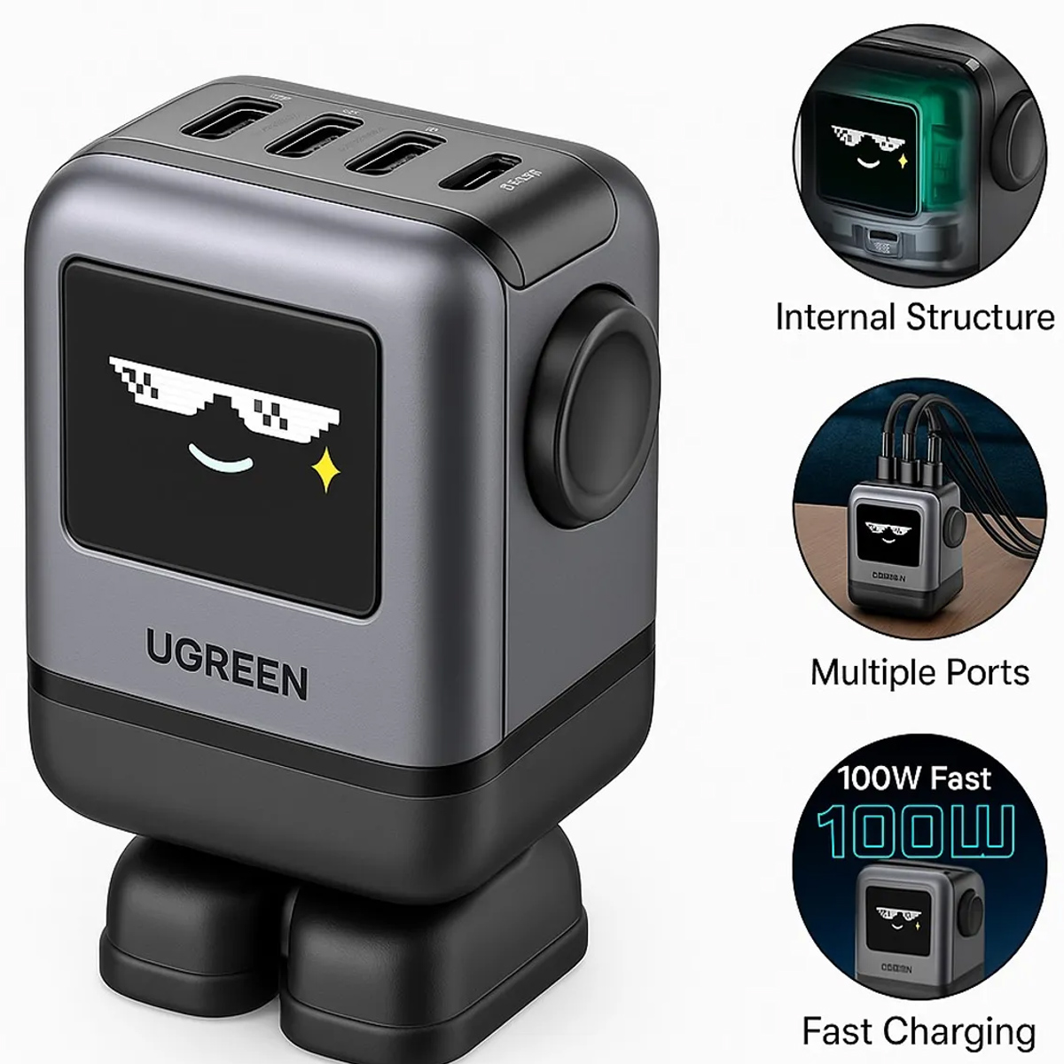 UGREEN CARGADOR ROBOT 100W + CABLE CARITA 100W 1M NEGRO - 2