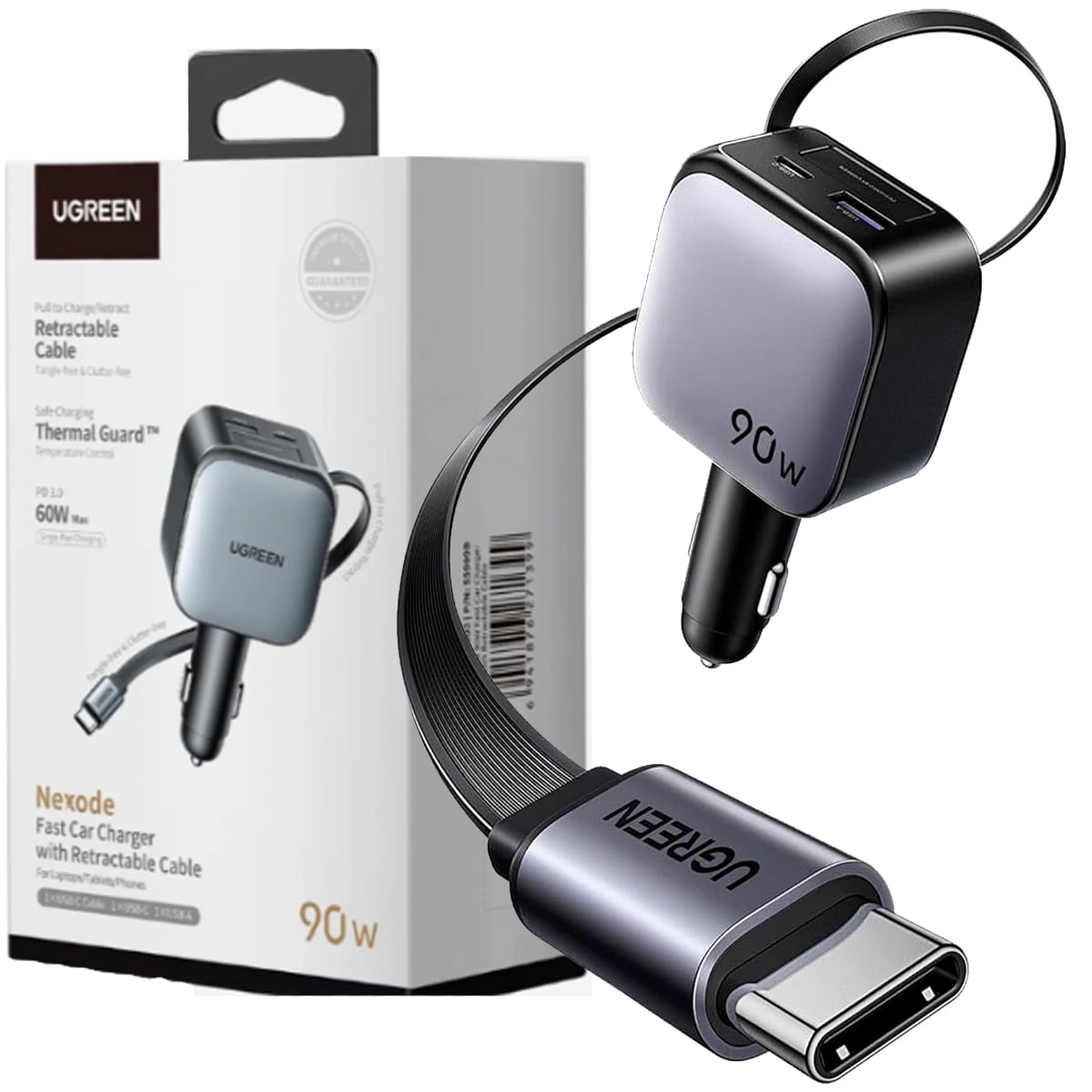 CARGADOR DE AUTO UGREEN EC603 NEXODE 90W CON CABLE RETRACTIL GRIS - 1