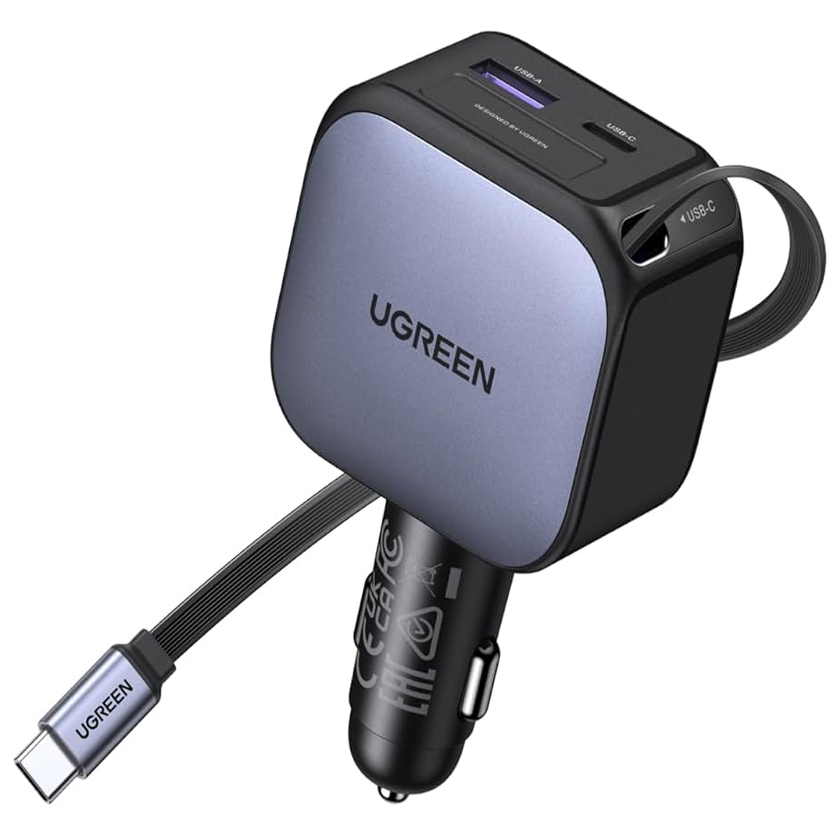 CARGADOR DE AUTO UGREEN EC603 NEXODE 90W CON CABLE RETRACTIL GRIS - 5