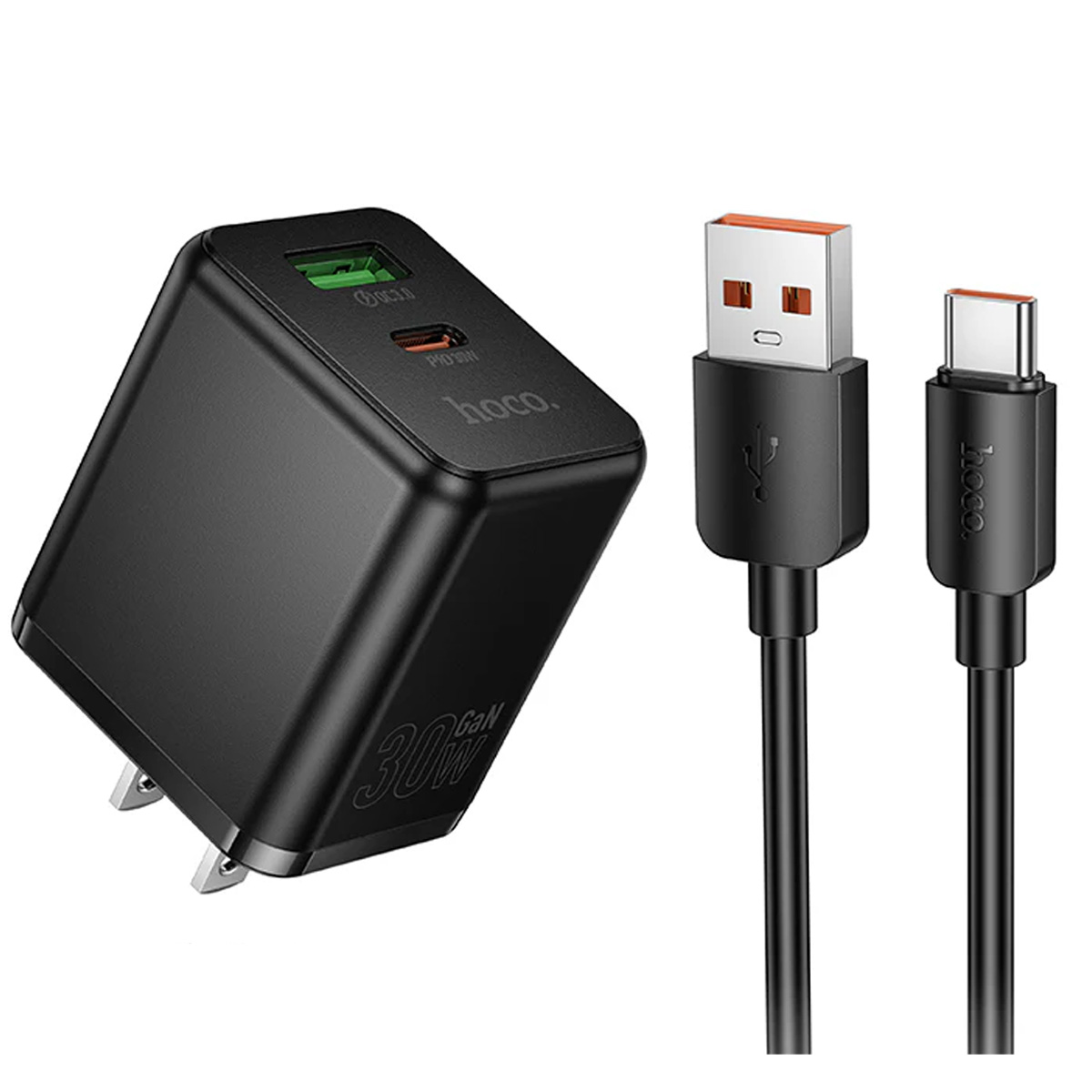 CARGADOR HOCO C157 GAN DE 30W CABLE C A C PARA IPHONE 15 A 16 NEGRO - 1