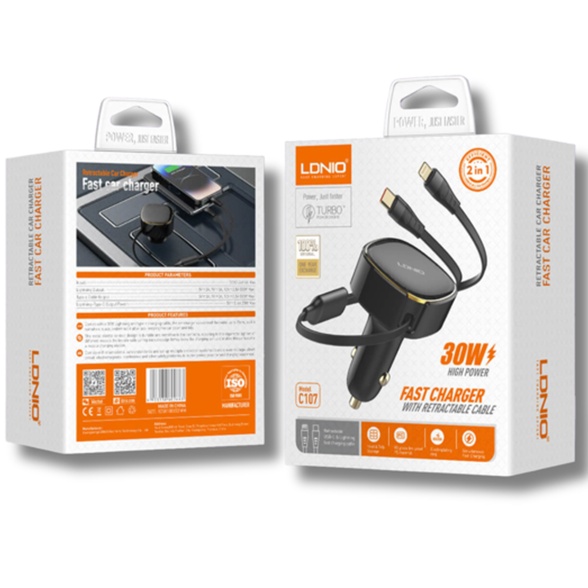 CARGADOR DE AUTO 30W LDNIO C107 CON CABLE RETRÁCTIL LIGHTNING Y TIPO-C - 6