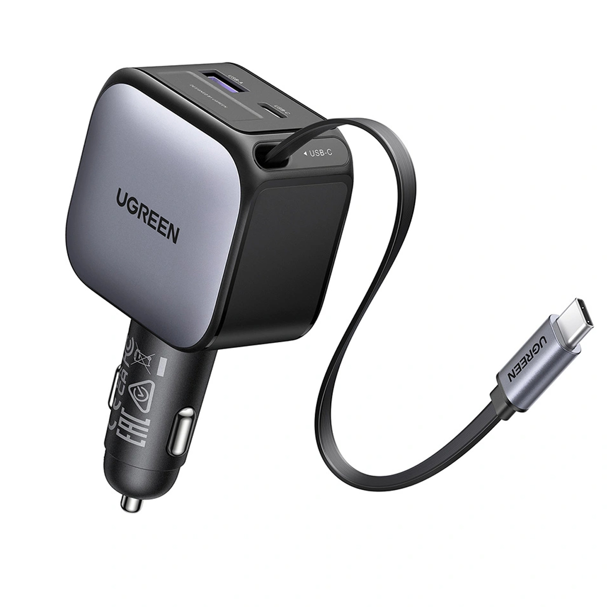CARGADOR DE AUTO UGREEN EC602 55212B NEXODE 60W CON CABLE RETRACTIL GRIS - 2