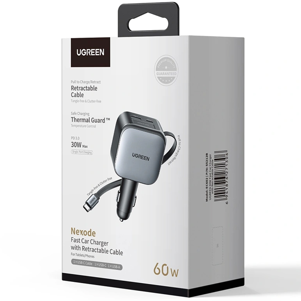CARGADOR DE AUTO UGREEN EC602 55212B NEXODE 60W CON CABLE RETRACTIL GRIS - 6