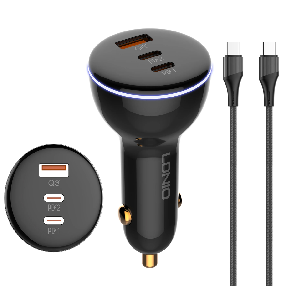 CARGADOR DE AUTO 160W LDNIO C102, 1 USB + 2X USB-C INCLUYE CABLE TIPO-C - 1