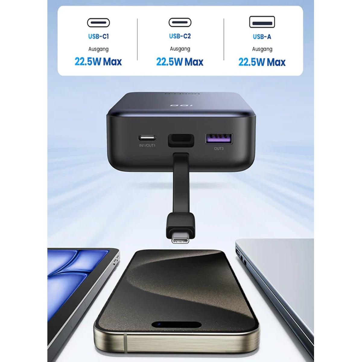 POWER BANK UGREEN 20000 MAH Y 22.5W CON CABLE USB-C INTEGRADO PB505 - 7