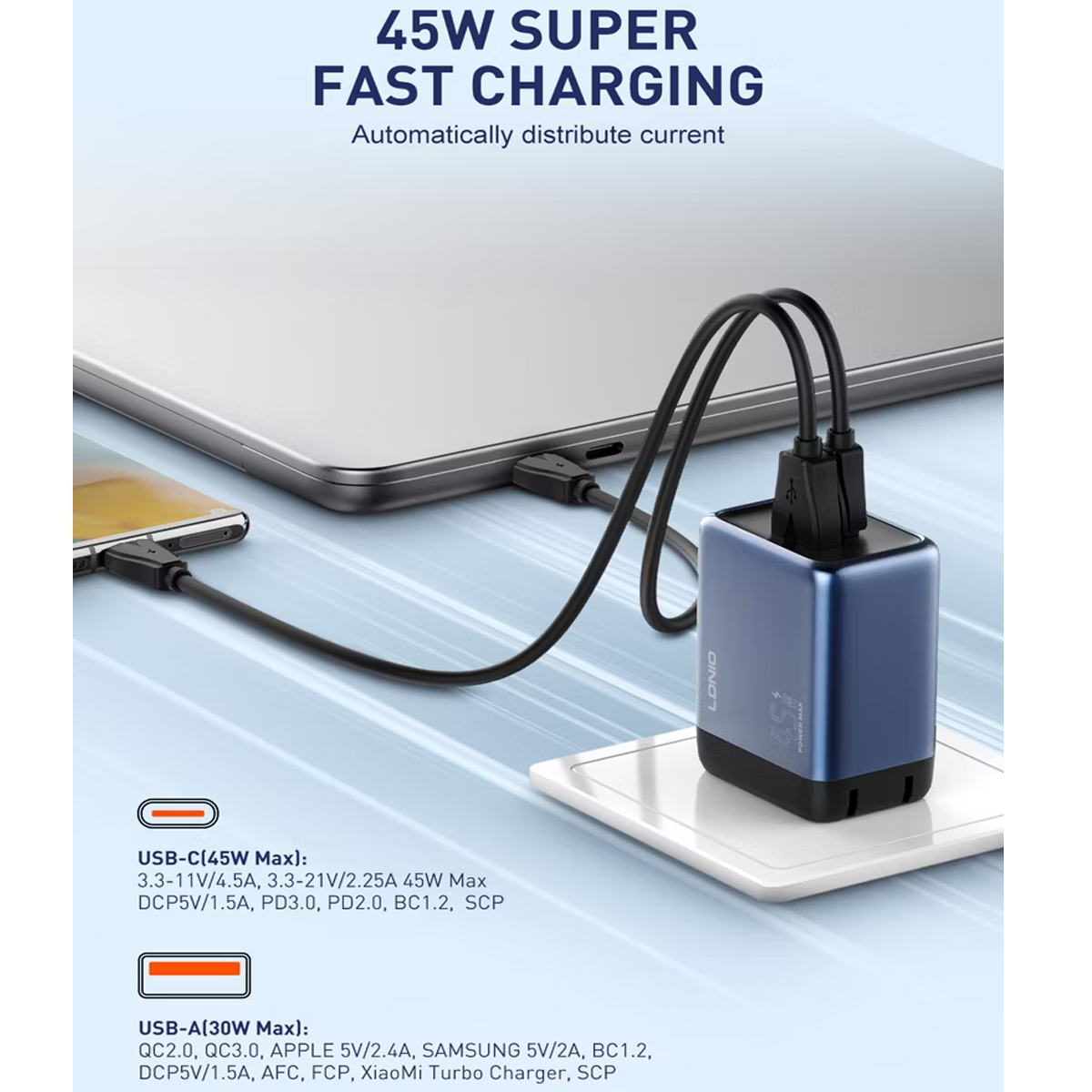 CARGADOR GAN LDNIO Q12 DE 45W CON CABLE C A C SUPER FASR CHARGER - AZUL - 3