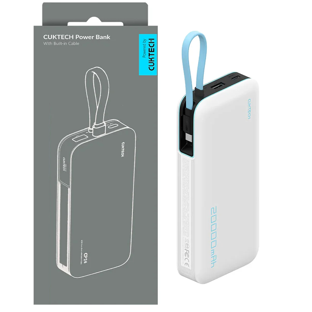 POWER BANK CUKTECH 20000MAH CP24 40W CON CABLE USB-C INTEGRADO - BLANCO - 1