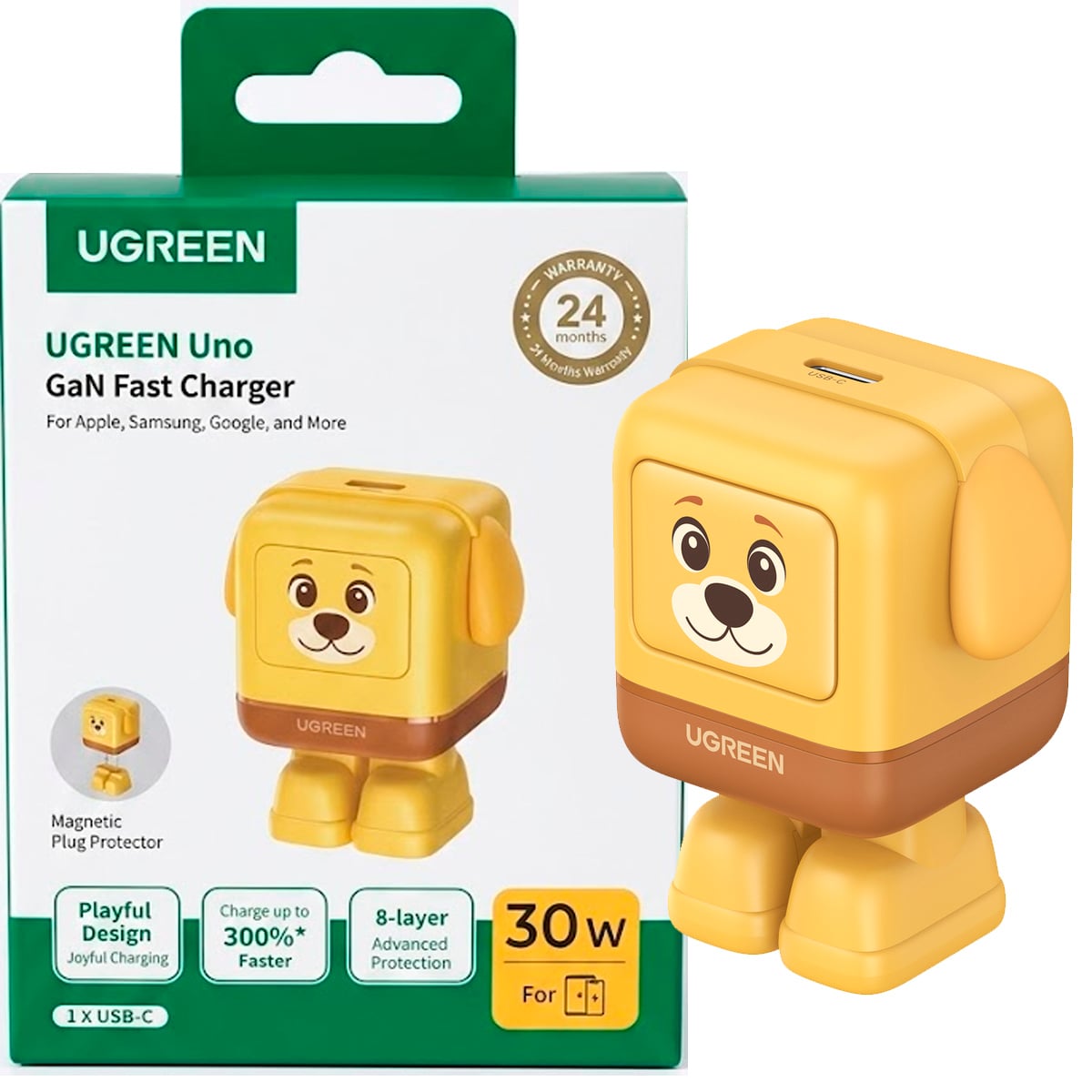 CARGADOR RÁPIDO USB-C GAN DE 30W ROBOT UGREEN UNO X608 - AMARILLO - 1