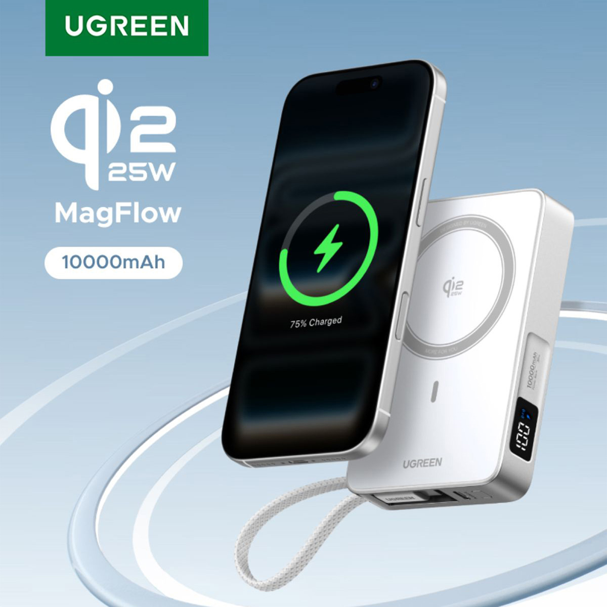 POWER BANK UGREEN PB773 MAGFLOW 10000MAH QI2 25W INALÁMBRICO - BLANCO - 3