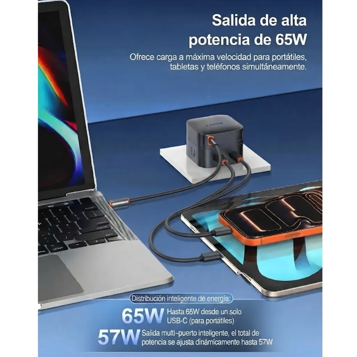 CARGADOR LDNIO Q10 45W CON CABLE USB-C INTEGRADO PARA ANDROID, LAPTOP MACBOOK, OTROS - 5
