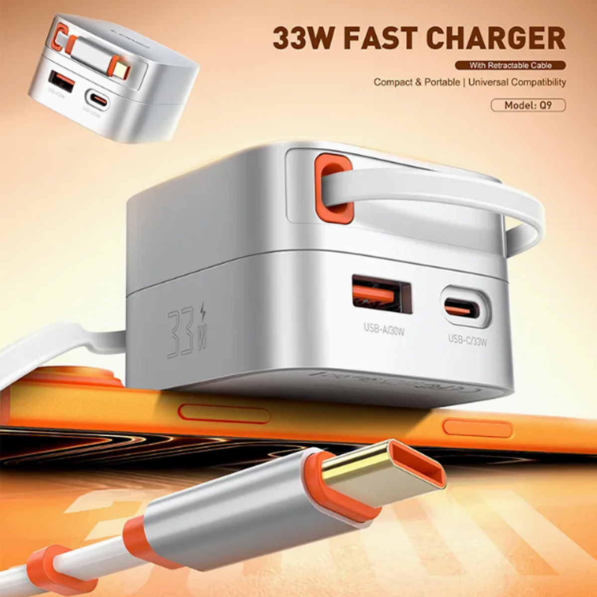 CARGADOR LDNIO Q9 33W USB-C CON CABLE RETRÁCTIL PARA IPHONE SAMSUNG - BLANCO - 3