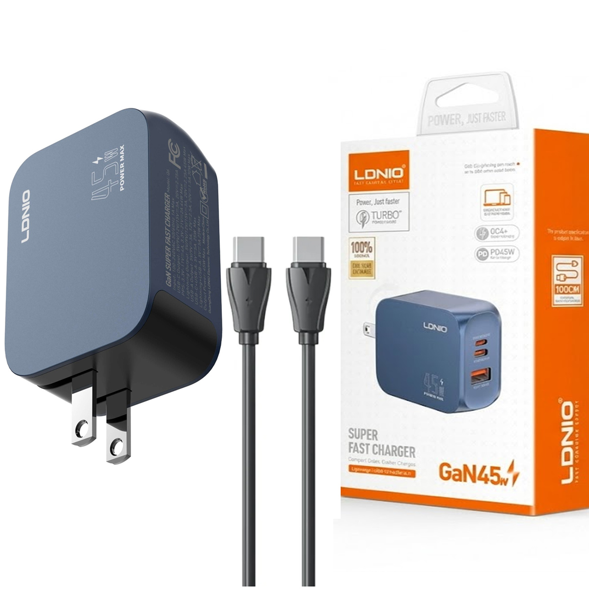 CARGADOR LDNIO 45W GAN SUPER FAST CHARGER CON CABLE INCLUIDO TIPO-C - 1