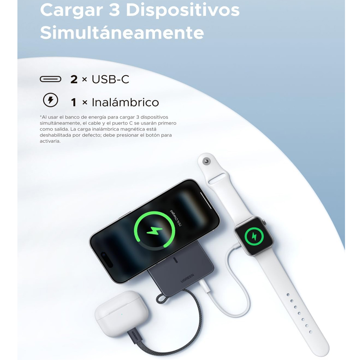 POWER BANK UGREEN PB773 MAGFLOW 10000MAH QI2 25W INALÁMBRICO - NEGRO - 3