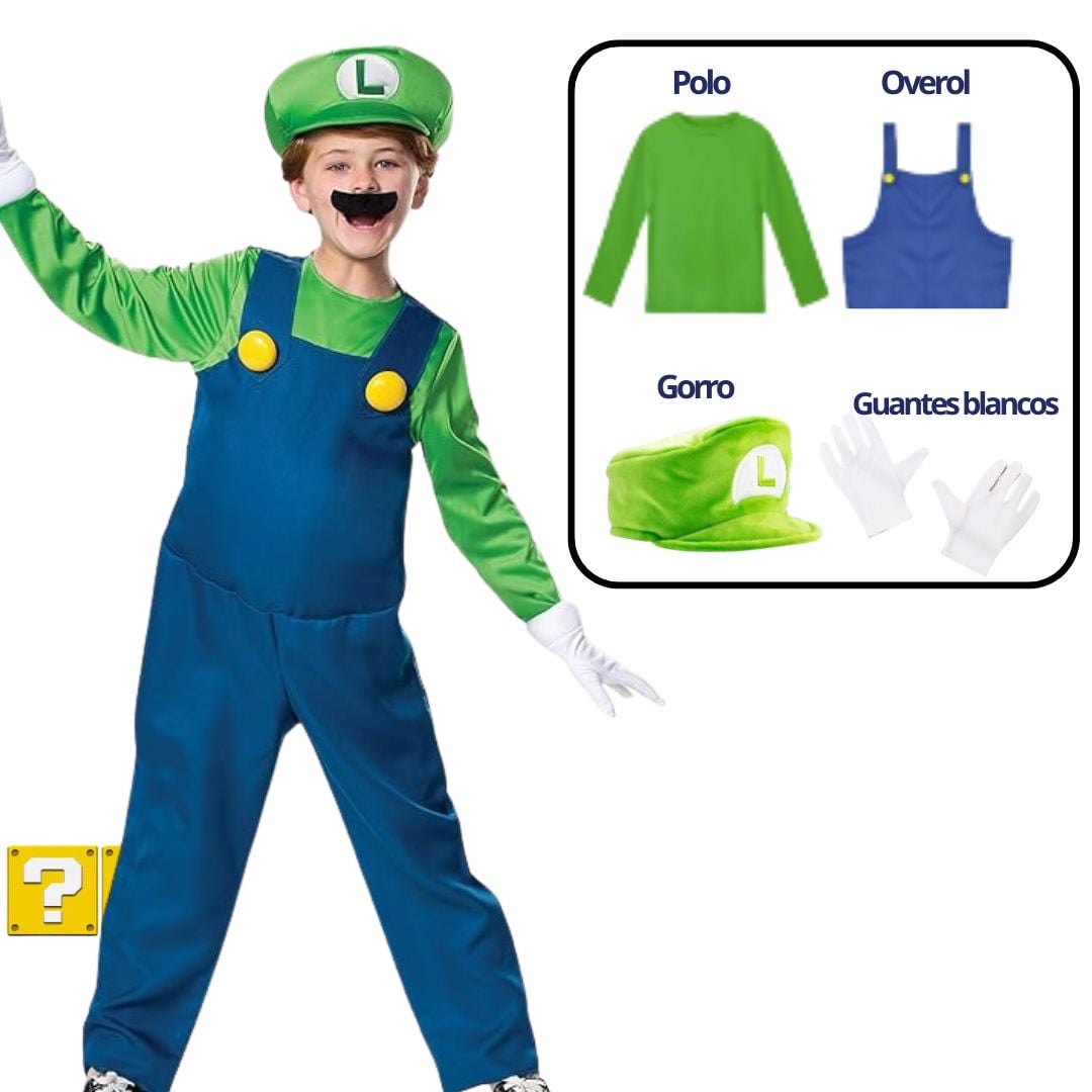 DISFRAZ LUIGI BROS TRAJE PELUCHE MARIO BROS - TALLAS 6 HASTA S - 1