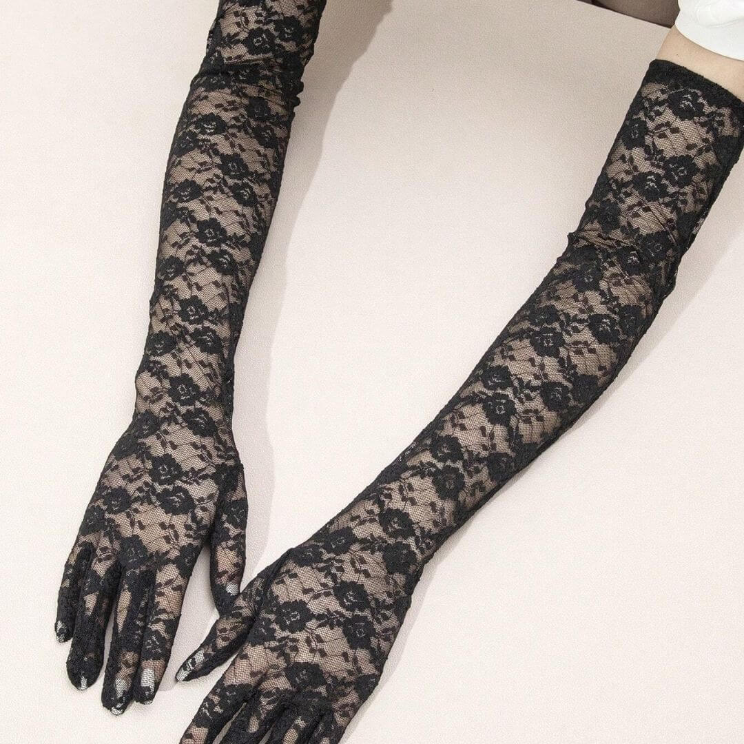 GUANTES LARGOS DE ENCAJE NEGRO ELEGANCE DISFRAZ - 1