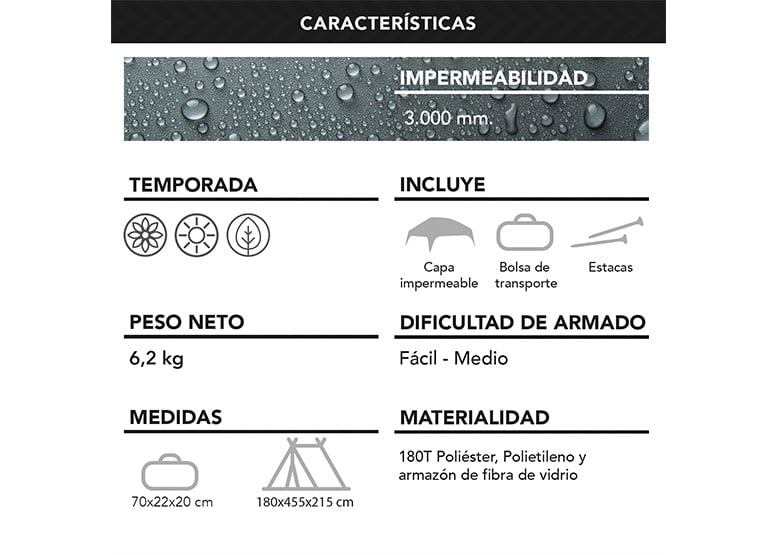 CARPA 6 PERSONAS CAMPING OUTDOOR GRIS - 7