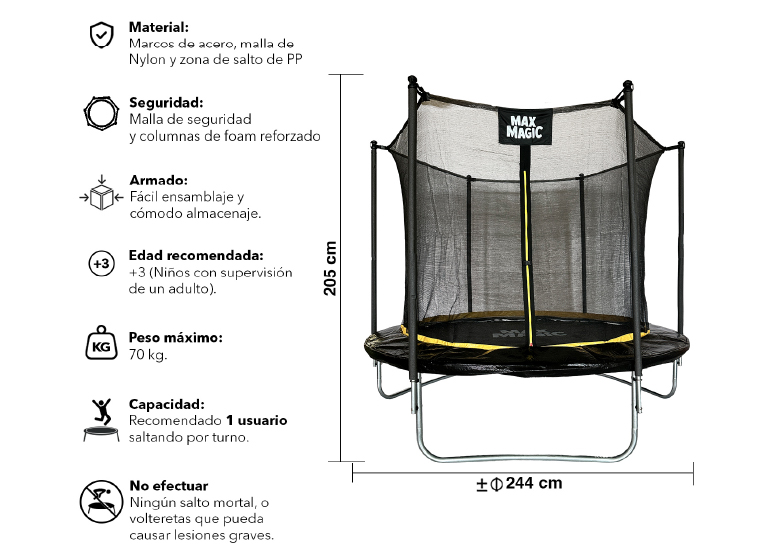 CAMA ELÁSTICA MAX MAGIC 244CM NEGRA CON RED DE SEGURIDAD - 3