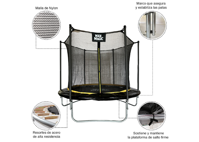 CAMA ELÁSTICA MAX MAGIC 244CM NEGRA CON RED DE SEGURIDAD - 5