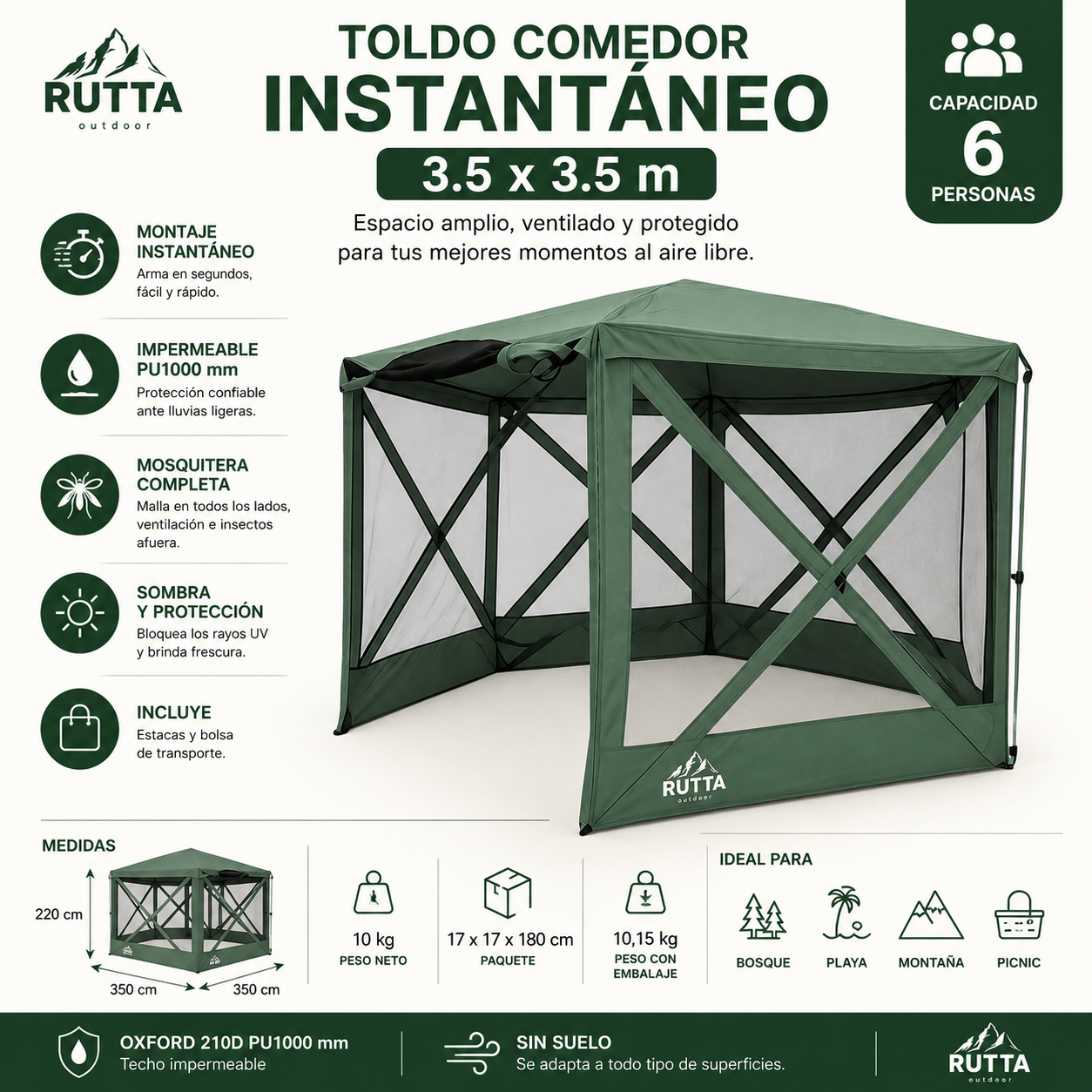 Toldo Camping Instantáneo 3.5 x 3.5 m con Mosquitera Impermeable - 6