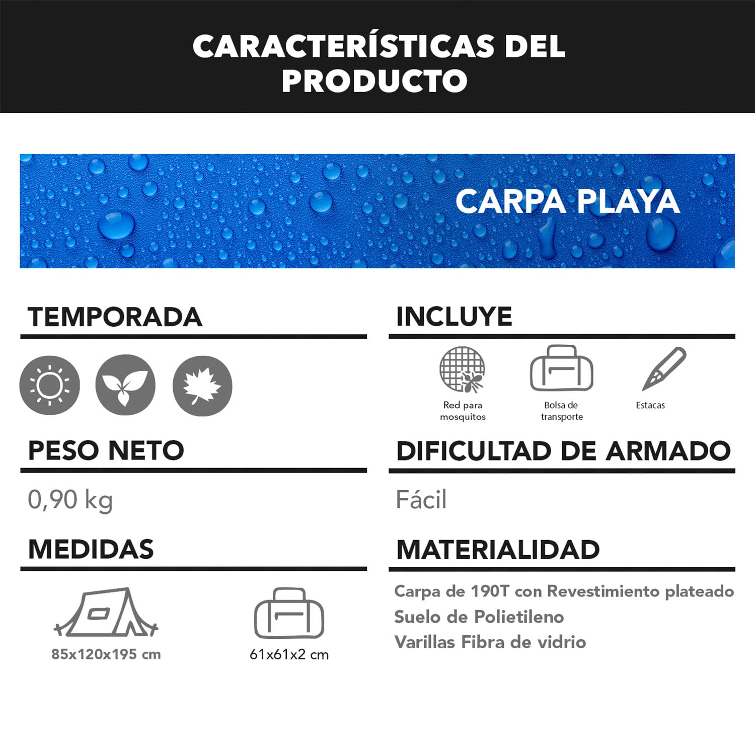 CARPA 1P DE PLAYA/CAMPING INSTANTANEO C/PROTECCIÓN SOLAR Y MOSQUITERA - 6