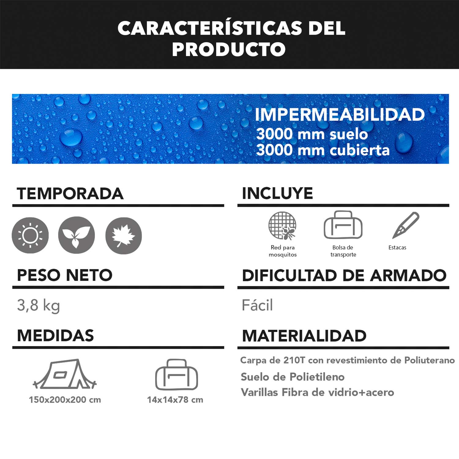 CARPA INSTANTÁNEA QUICKCAMP 4P IMPERMEABLE 3000 MM - 6