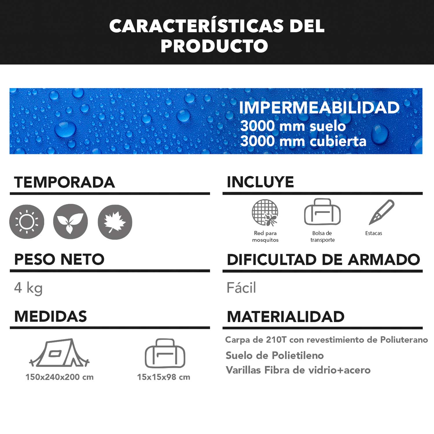 CARPA INSTANTÁNEA QUICKCAMP 6P IMPERMEABLE 3000 MM - 6