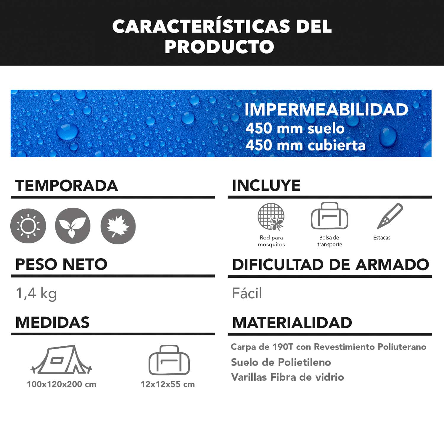 CARPA GOTENT 2P IMPERMEABLE 450 MM PARA CAMPING Y PLAYA - 6