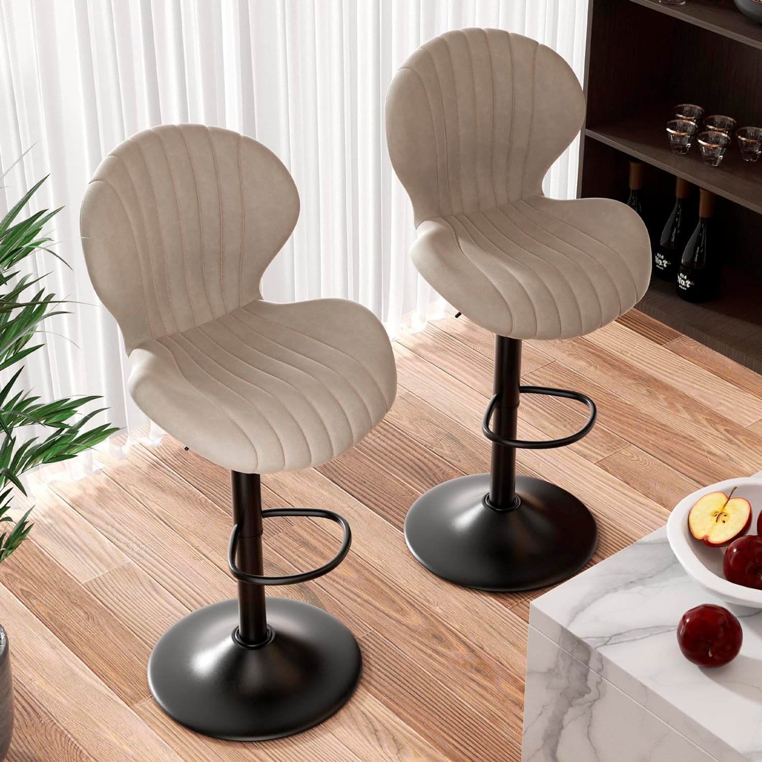 SET X 2 BANCOS DE BAR LOUNGE CON RESPALDO Y REPOSAPIÉS BEIGE - 2