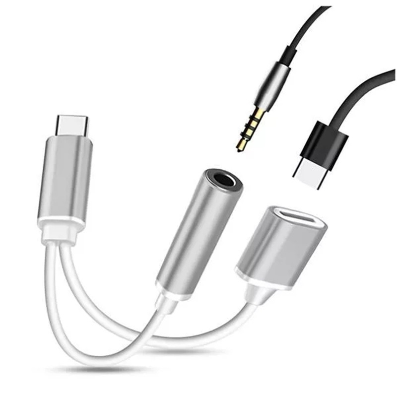 CABLE ADAPTADOR USB-C A PLUG JACK 3.5MM DE AUDIO + CARGADOR USBC TIPO C X 2 UND - 6