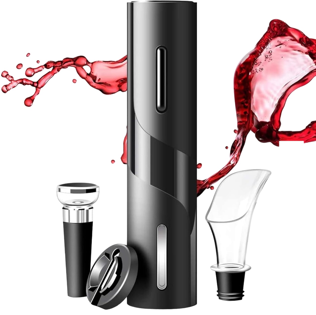 JUEGO SACACORCHOS NEGRO ABRIDOR BOTELLAS VINO ELECTRICO PILAS 4 EN 1 - 1