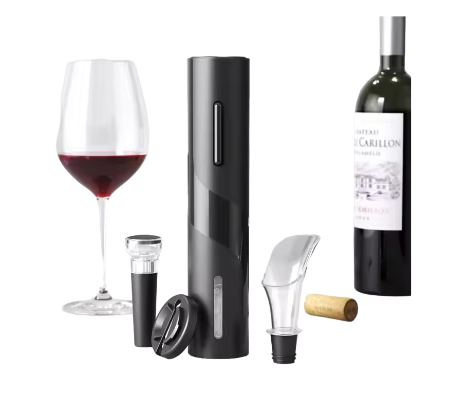 JUEGO SACACORCHOS NEGRO ABRIDOR BOTELLAS VINO ELECTRICO PILAS 4 EN 1 - 4