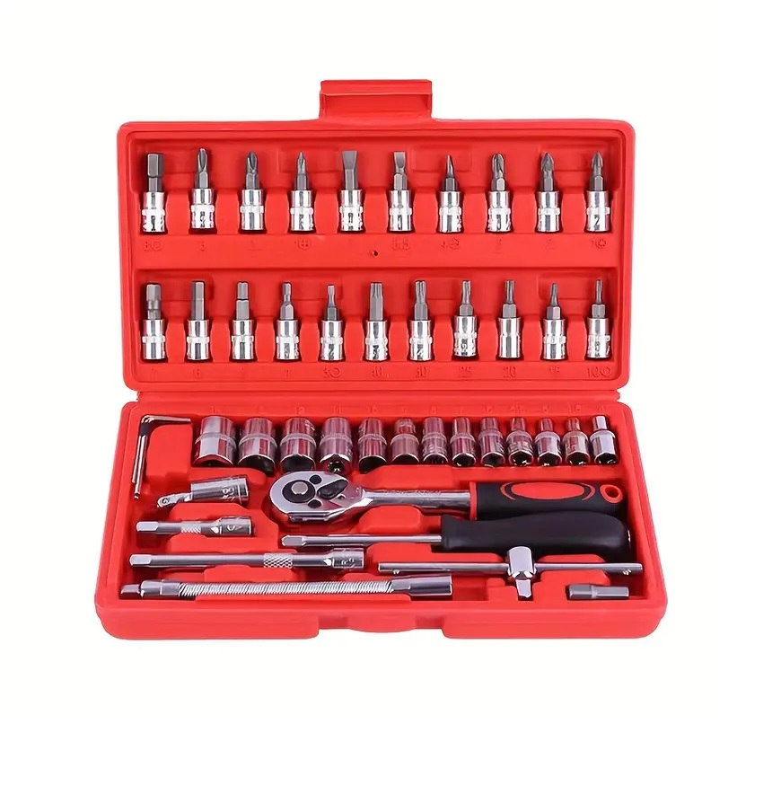 JUEGO KIT LLAVES HERRAMIENTAS 46 PIEZAS ROJO - 1
