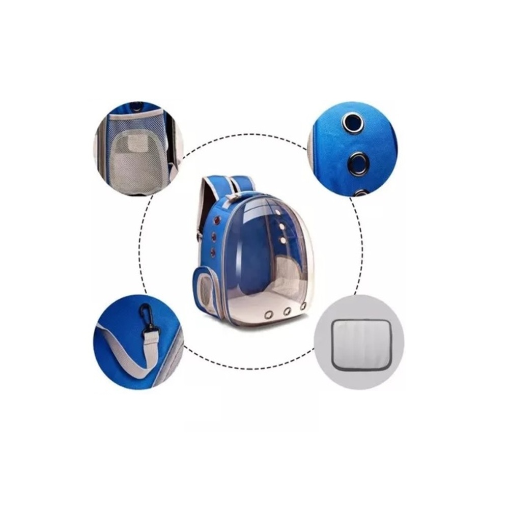 MOCHILA AZUL TRANSPORTADORA DE MASCOTAS TRANSPARENTE - 3