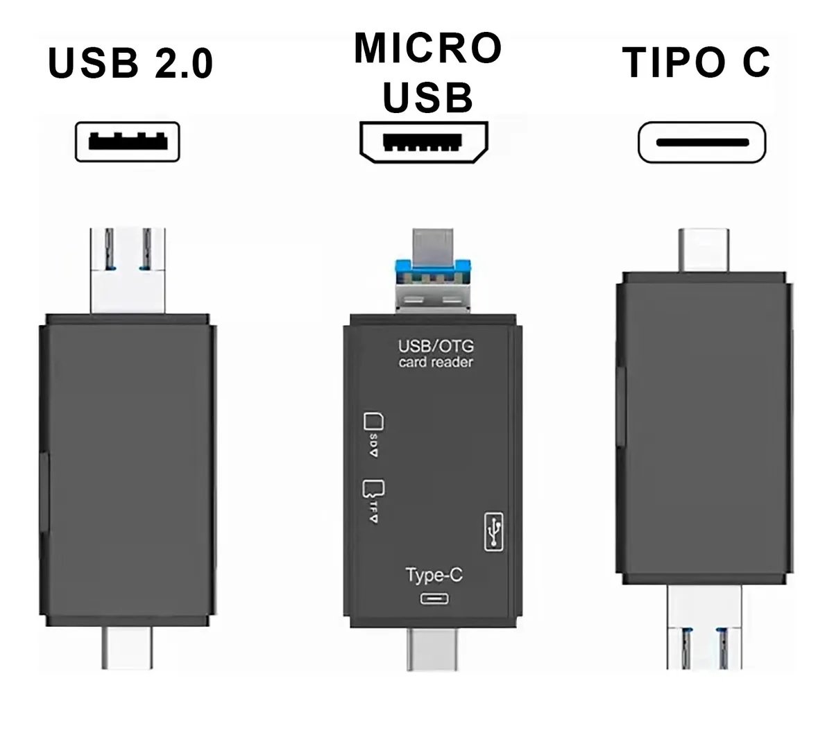 LECTOR TARJETAS MEMORIA SD, TF, USB TIPO C, MICRO USB, OTG NEGRO - 10
