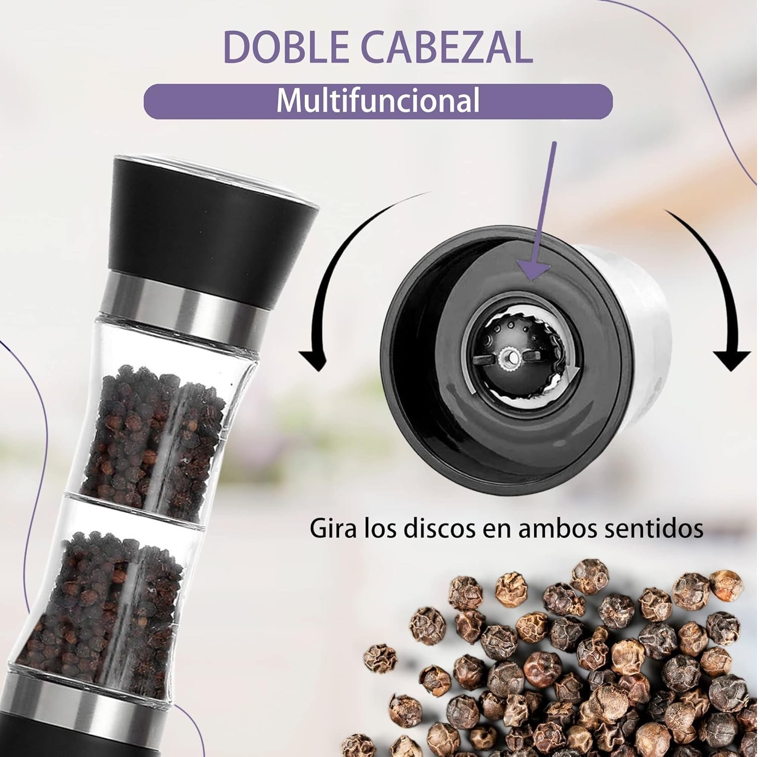 MOLINILLO DE SAL Y PIMIENTA RECARGABLE DE DOBLE CABEZAL 2 EN 1 X 2 UND - 8