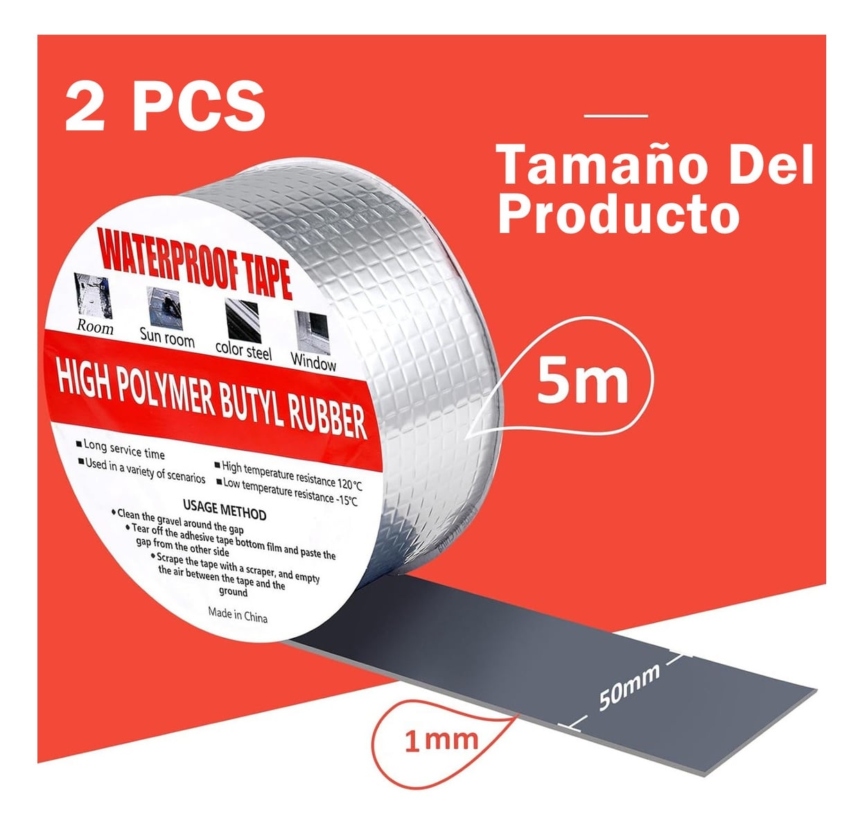 CINTA X 2 PAQ IMPERMEABLE DE BUTILO Y ALUMINIO 5 CM X 5 MT - 5
