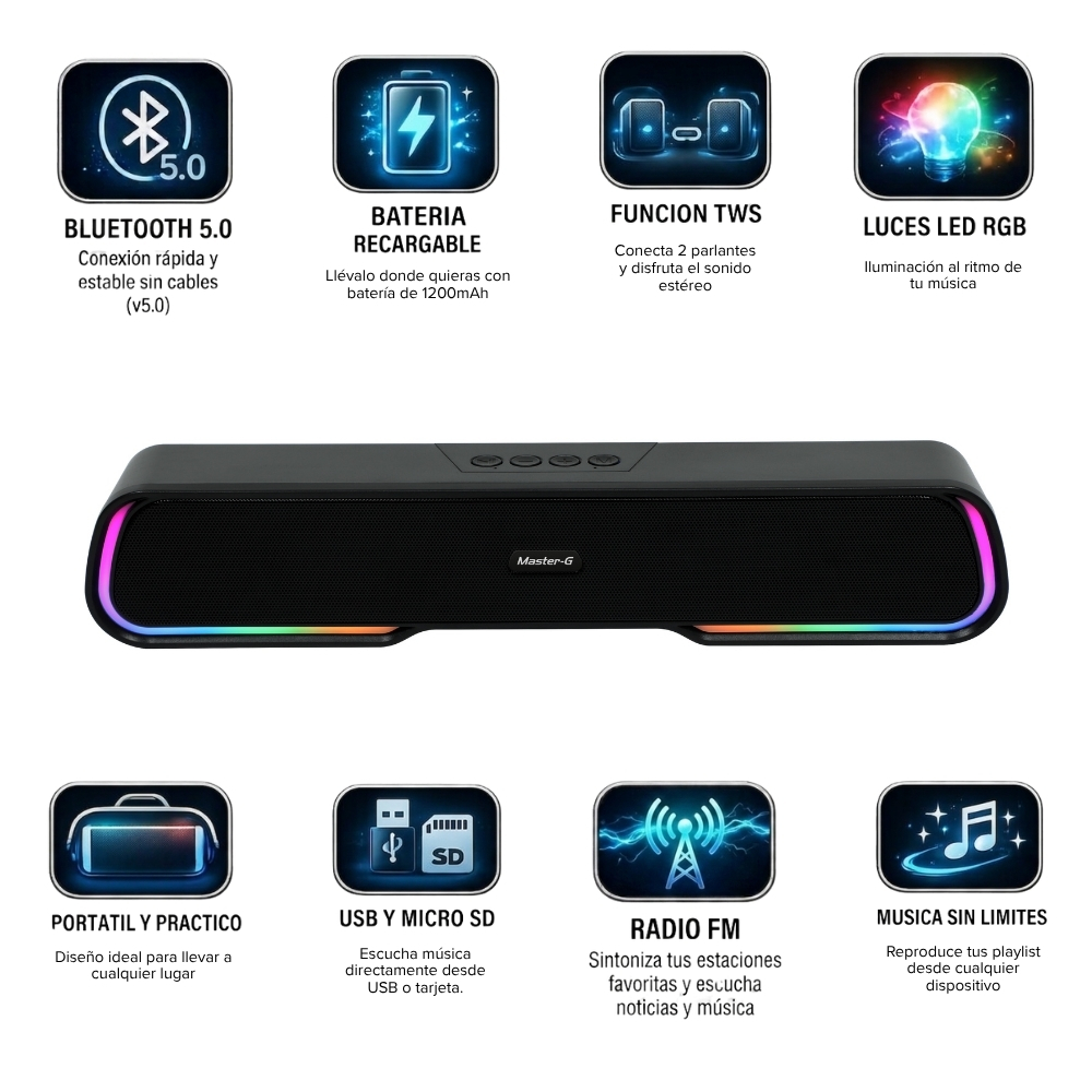PARLANTE SOUNDBAR BARRA DE SONIDO GAMER MASTER-G BLUETOOTH TWS RGB - 2