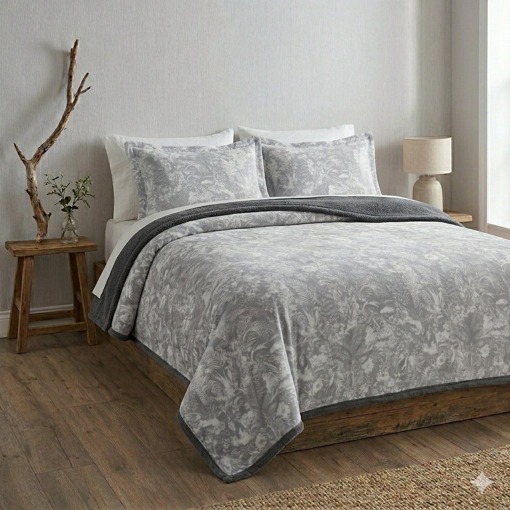 MANTA TERCIOPELO CON SHERPA + FUNDAS DE ALMOHADA GRIS - 1