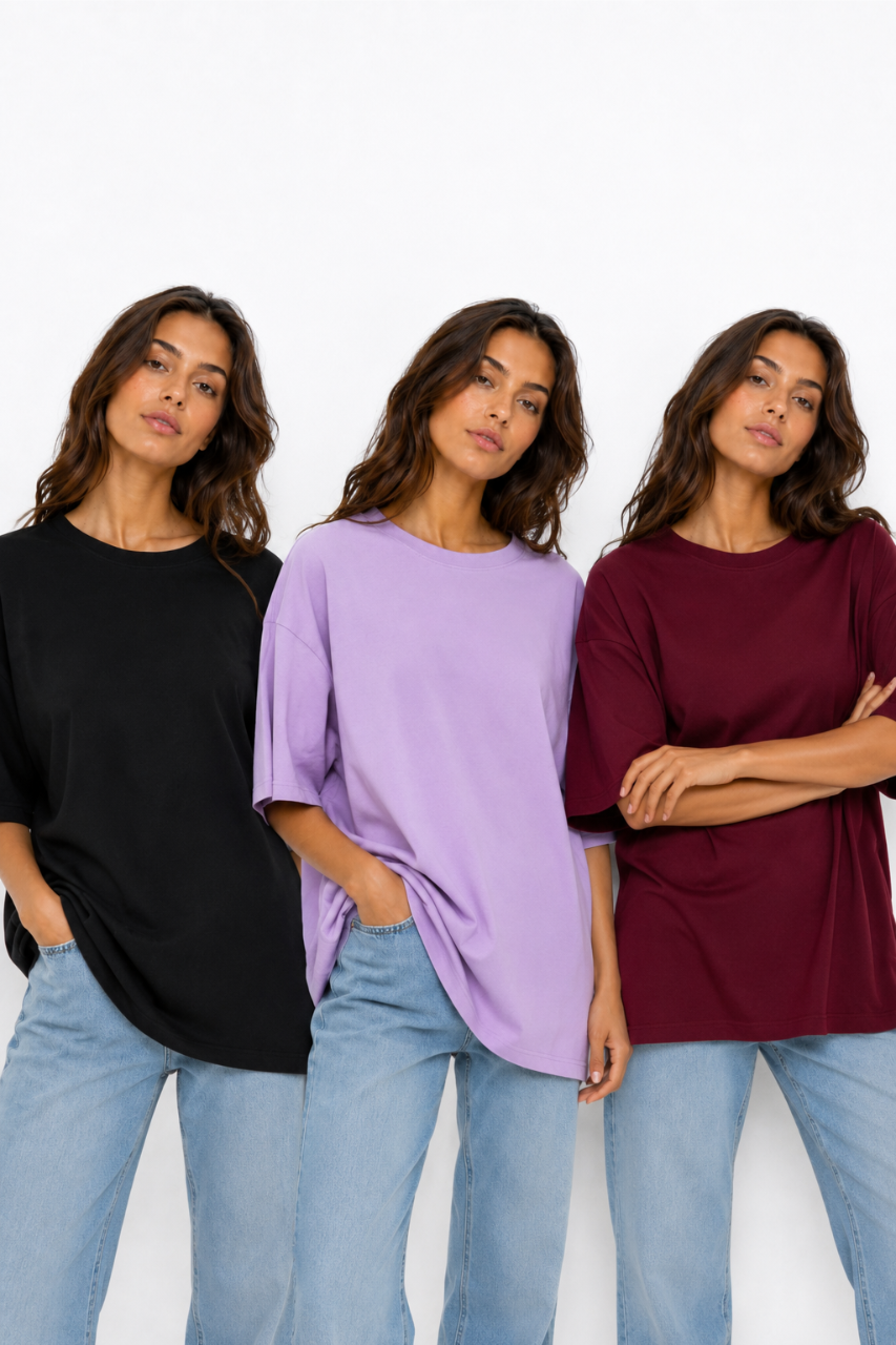 TRIPACK POLO OVERSIZE COLOR NEGRO LILA Y VINO ALGODON PREMIUM - 1