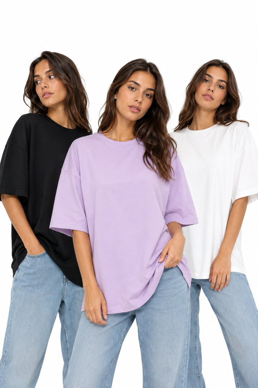 TRIPACK POLO OVERSIZE MUJER COLOR NEGRO LILA Y BLANCO ALGODON PREMIUM - 1