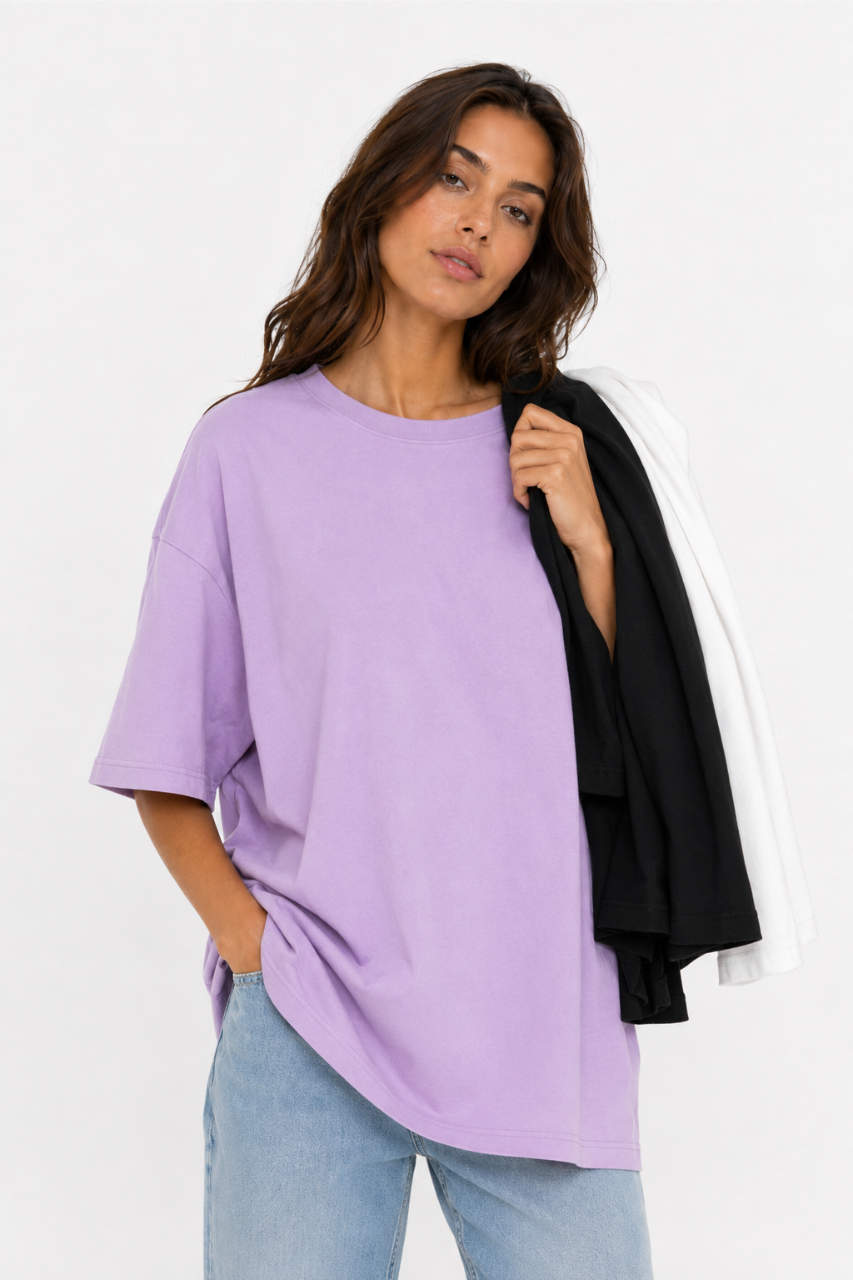 TRIPACK POLO OVERSIZE MUJER COLOR NEGRO LILA Y BLANCO ALGODON PREMIUM - 2