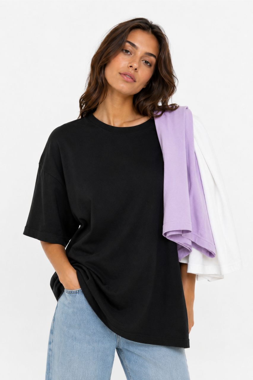 TRIPACK POLO OVERSIZE MUJER COLOR NEGRO LILA Y BLANCO ALGODON PREMIUM - 3