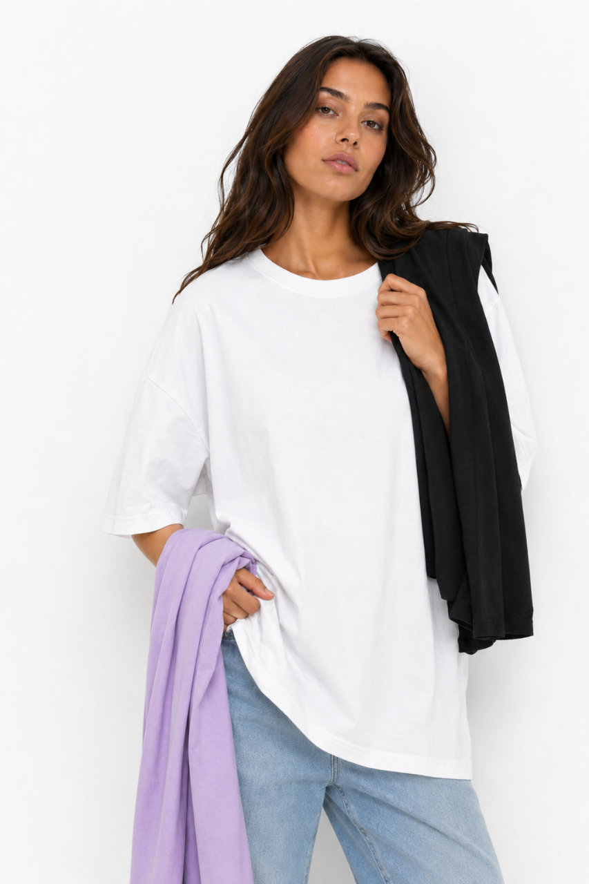 TRIPACK POLO OVERSIZE MUJER COLOR NEGRO LILA Y BLANCO ALGODON PREMIUM - 4